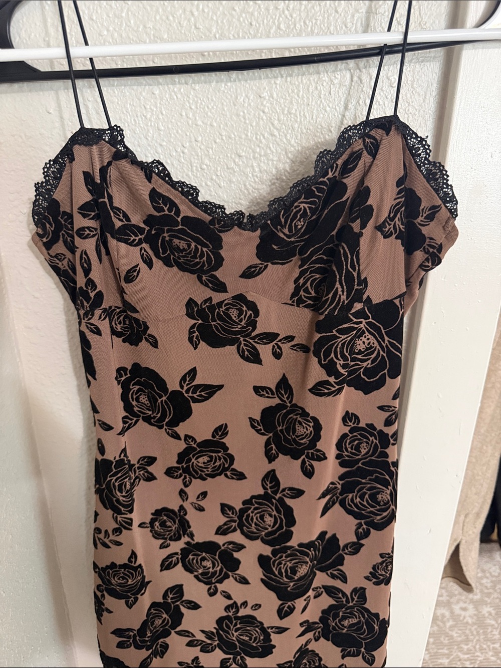 Windsor Black Floral Beige Slip Dress with Lace Trim